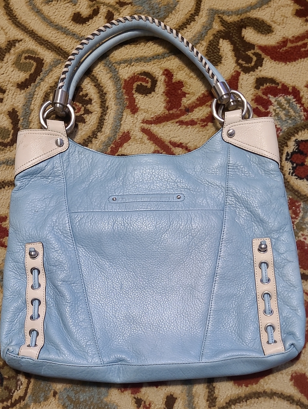 B. Makowsky Large Leather Hobo Satchel Sky Blue Cream Braided Rope Handles - Picture 6 of 16